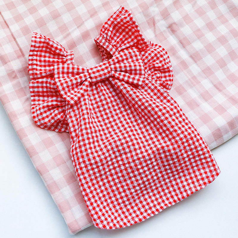 KFX-0720317 Casual Red and Yellow Checkered Pet Shirt with Bowknot