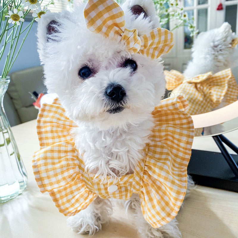 KFX-0720317 Casual Red and Yellow Checkered Pet Shirt with Bowknot
