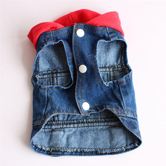 KFX-0721213 Knitted Denim Hooded Pet Clothes in Red, Black, and White - Casual Style for All Pets
