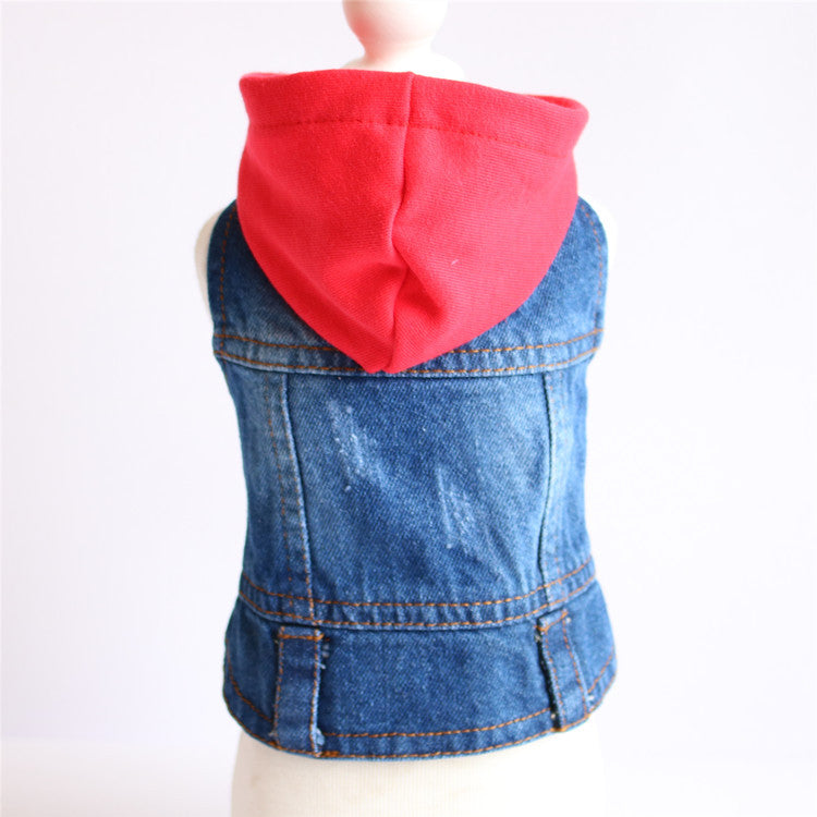KFX-0721213 Knitted Denim Hooded Pet Clothes in Red, Black, and White - Casual Style for All Pets