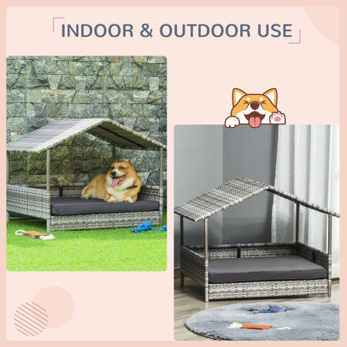 KFX-0721597 Rattan Outdoor Dog House with Canopy for Small and Medium Dogs, Waterproof Cushion, Cream Color