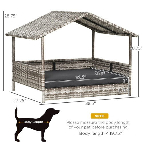 KFX-0721597 Rattan Outdoor Dog House with Canopy for Small and Medium Dogs, Waterproof Cushion, Cream Color