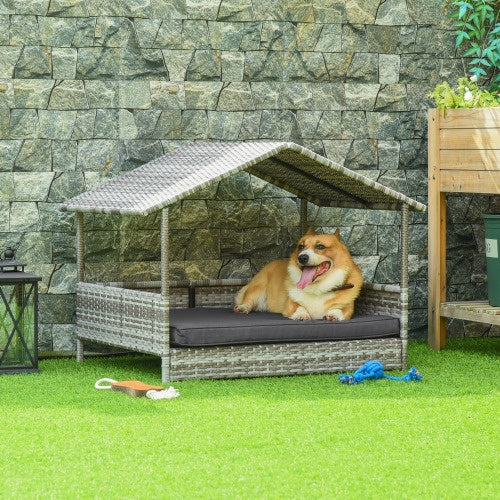 KFX-0721597 Rattan Outdoor Dog House with Canopy for Small and Medium Dogs, Waterproof Cushion, Cream Color