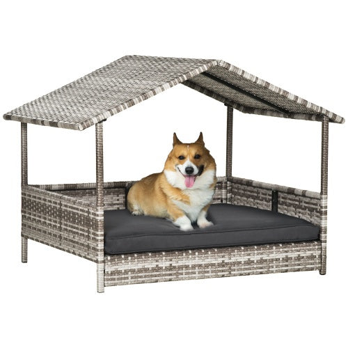 KFX-0721597 Rattan Outdoor Dog House with Canopy for Small and Medium Dogs, Waterproof Cushion, Cream Color