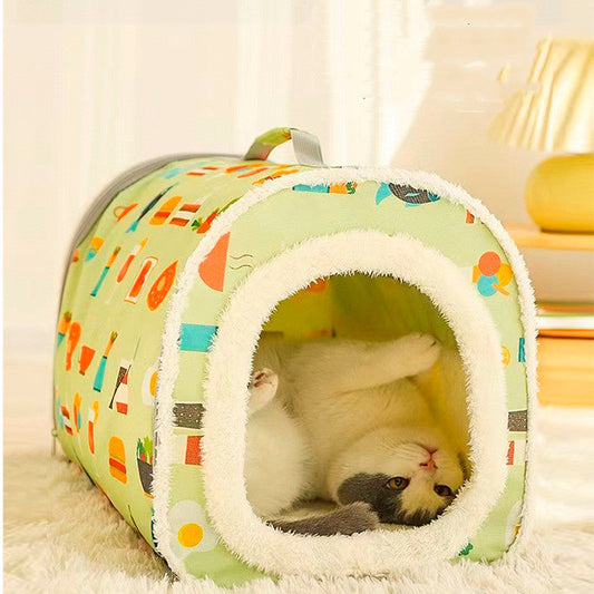 KFX-0725949 Cozy Closed Cat Nest - Removable, Washable, Anti-Collapse Design in Cream Yellow & Mint Green