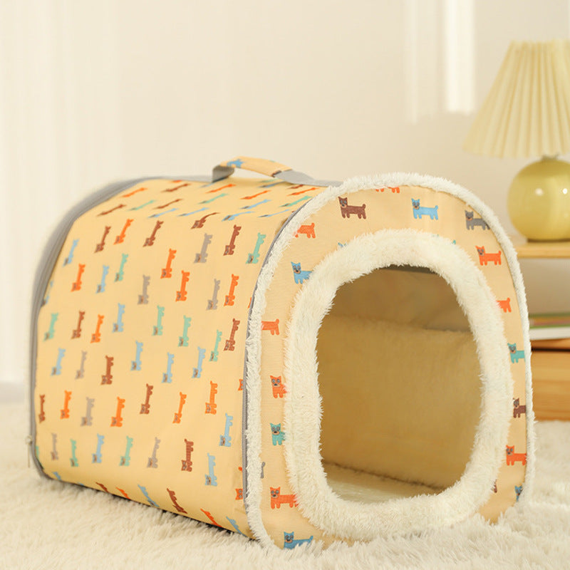 KFX-0725949 Cozy Closed Cat Nest - Removable, Washable, Anti-Collapse Design in Cream Yellow & Mint Green