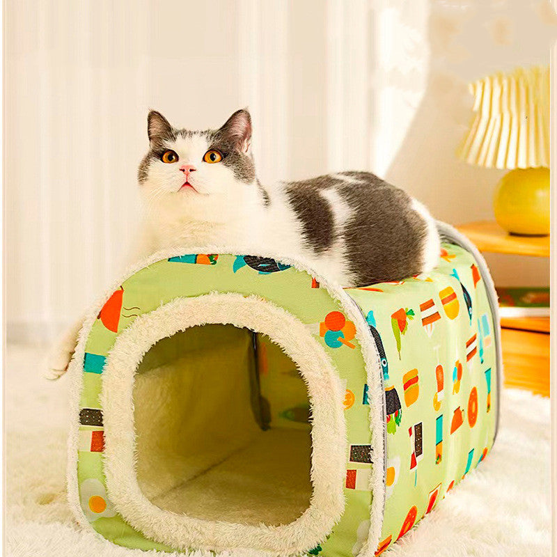 KFX-0725949 Cozy Closed Cat Nest - Removable, Washable, Anti-Collapse Design in Cream Yellow & Mint Green