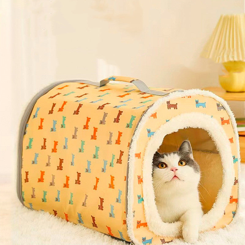 KFX-0725949 Cozy Closed Cat Nest - Removable, Washable, Anti-Collapse Design in Cream Yellow & Mint Green