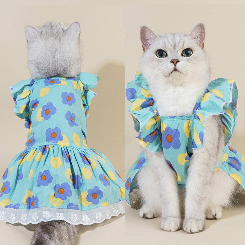 KFX-0730045 Floral Cotton Slip Dress with Mesh Skirt for Pets - Suitable for Cats and Dogs