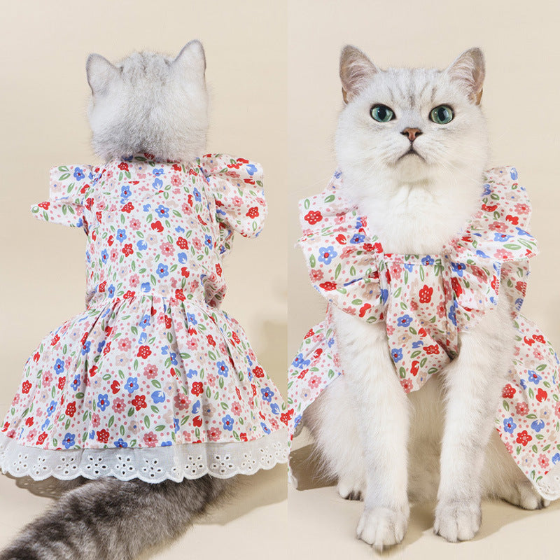 KFX-0730045 Floral Cotton Slip Dress with Mesh Skirt for Pets - Suitable for Cats and Dogs