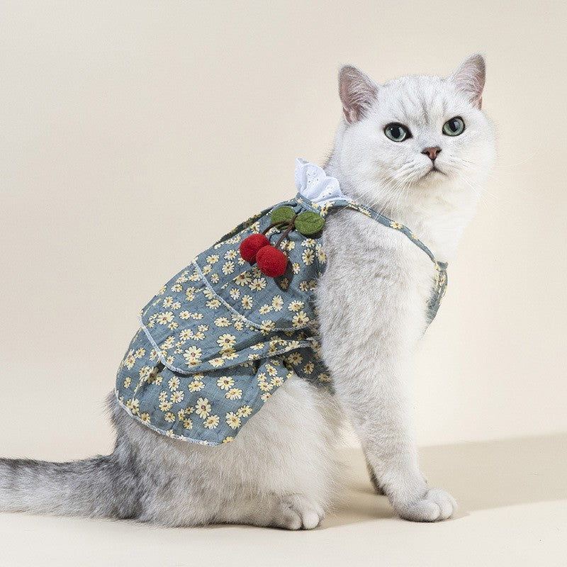 KFX-0730045 Floral Cotton Slip Dress with Mesh Skirt for Pets - Suitable for Cats and Dogs