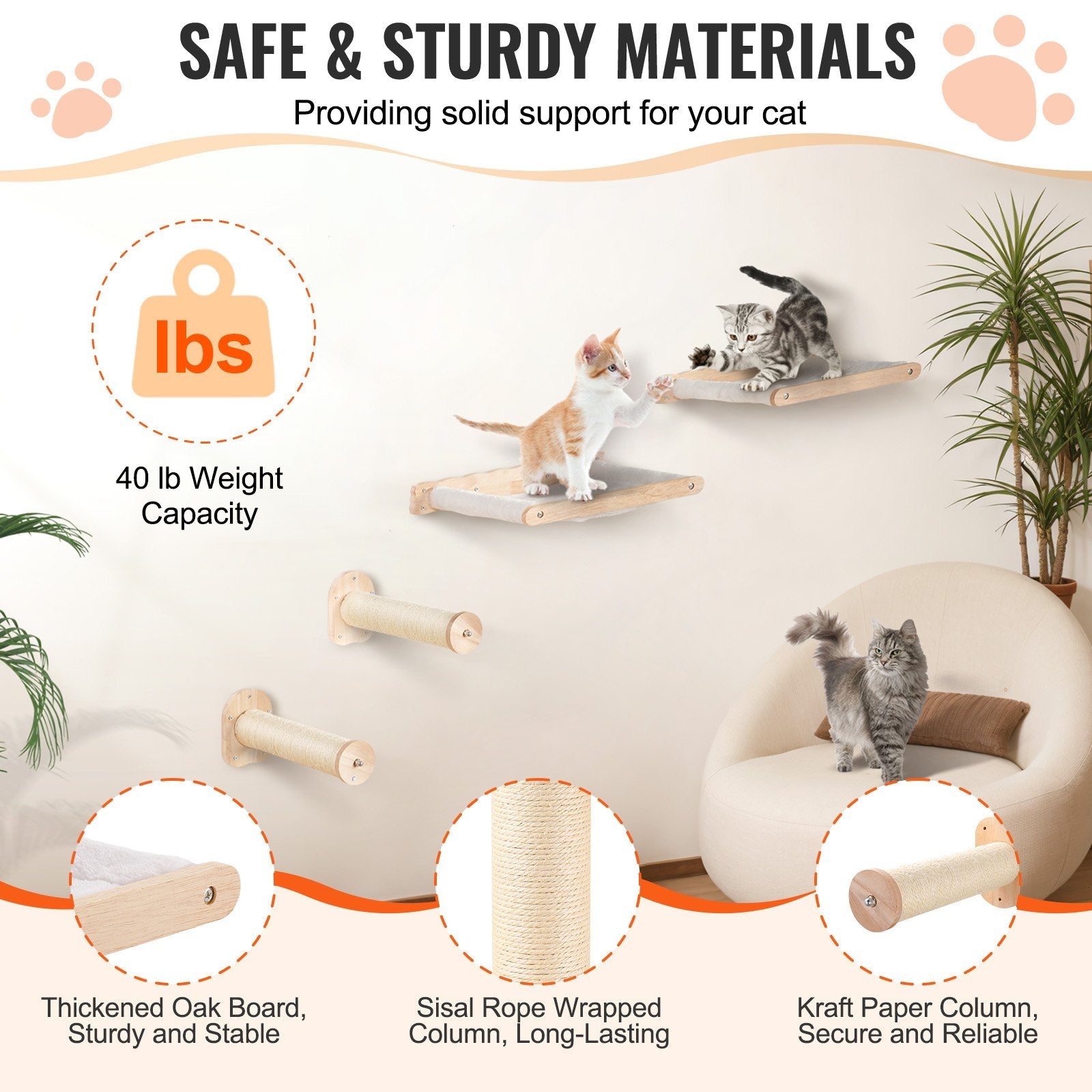 KFX-0734909 Wall-Mounted Cat Furniture Set with Jump Posts, Hammocks, and Removable Coral Fleece for Climbing and Playing