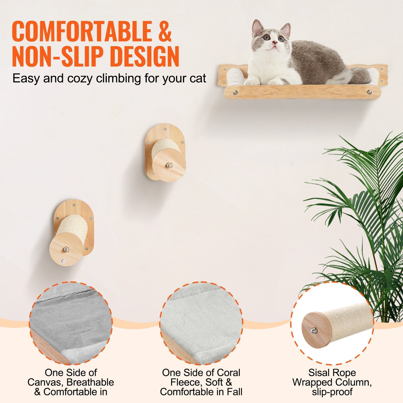 KFX-0734909 Wall-Mounted Cat Furniture Set with Jump Posts, Hammocks, and Removable Coral Fleece for Climbing and Playing