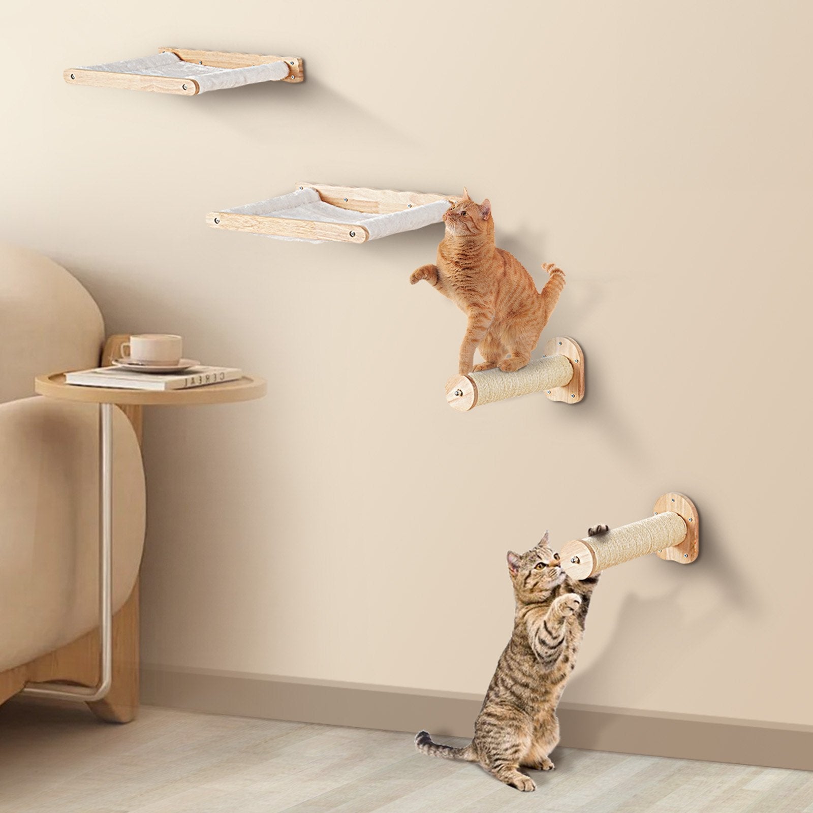KFX-0734909 Wall-Mounted Cat Furniture Set with Jump Posts, Hammocks, and Removable Coral Fleece for Climbing and Playing