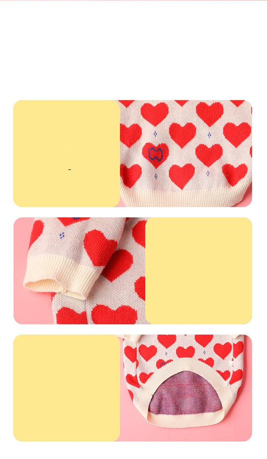KFX-0735421 Cozy Red Heart Knitted Sweater for Small Dogs and Cats in Various Sizes