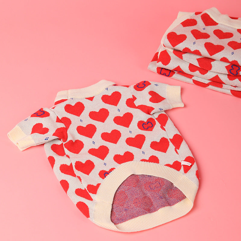 KFX-0735421 Cozy Red Heart Knitted Sweater for Small Dogs and Cats in Various Sizes
