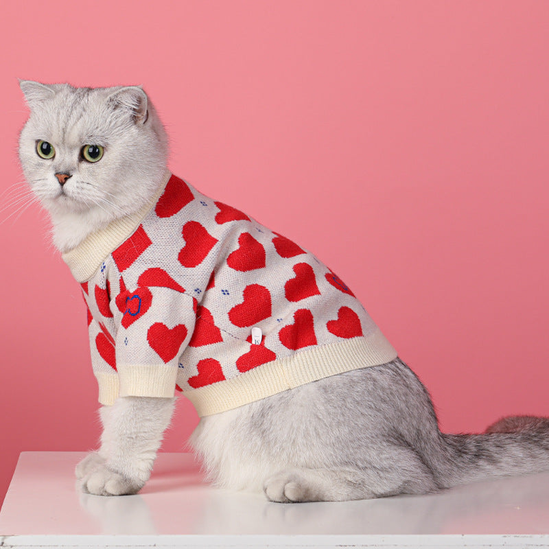 KFX-0735421 Cozy Red Heart Knitted Sweater for Small Dogs and Cats in Various Sizes