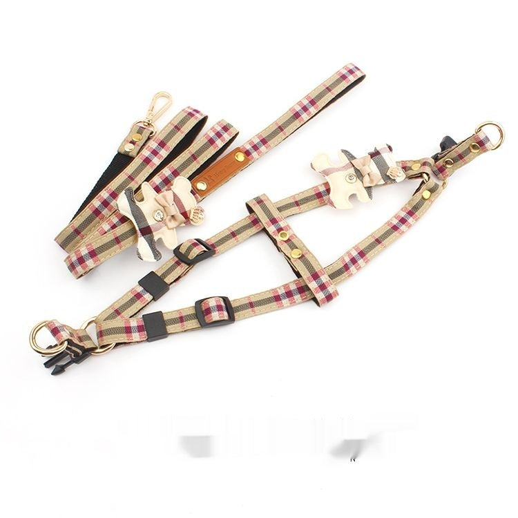KFX-0736701 Classic Plaid Pet Dog Harness and Bow Collar Set with Retractable Leash - Sizes S, M, L