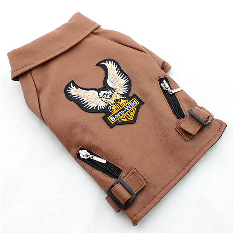 KFX-0737085 Embroidered Eagle Design Small Dog Jacket in Chocolate Black Faux Leather