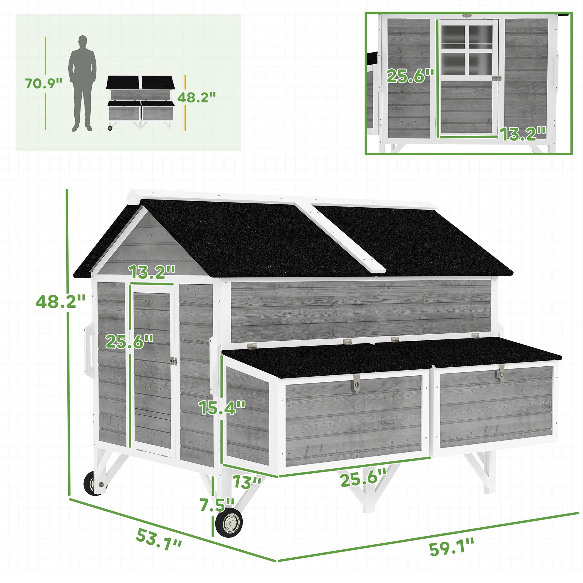 KFX-0741053 Gray 59" Wooden Chicken Coop with Wheels, Handles, 2 Nesting Boxes, 4 Perches for 5-8 Chickens