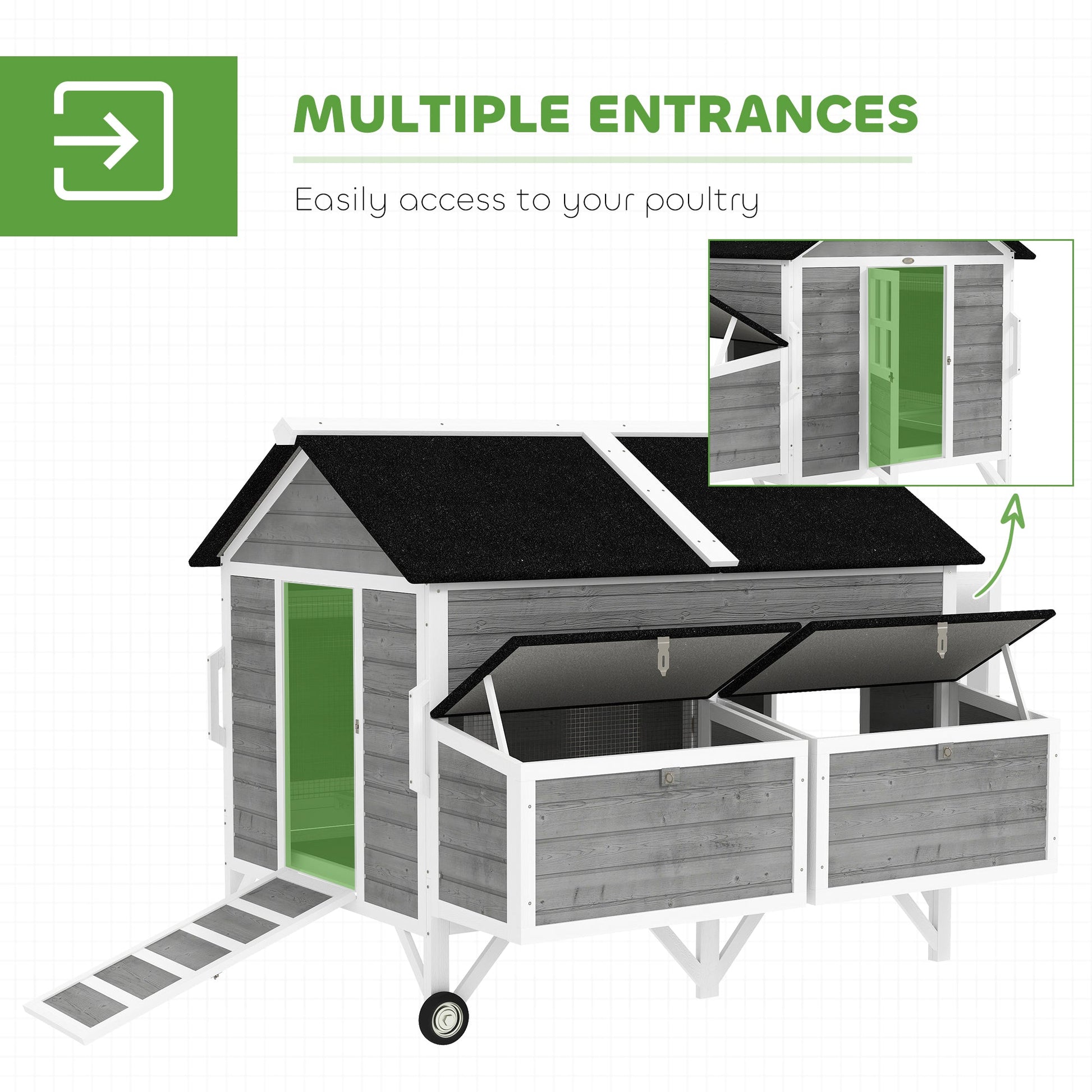 KFX-0741053 Gray 59" Wooden Chicken Coop with Wheels, Handles, 2 Nesting Boxes, 4 Perches for 5-8 Chickens