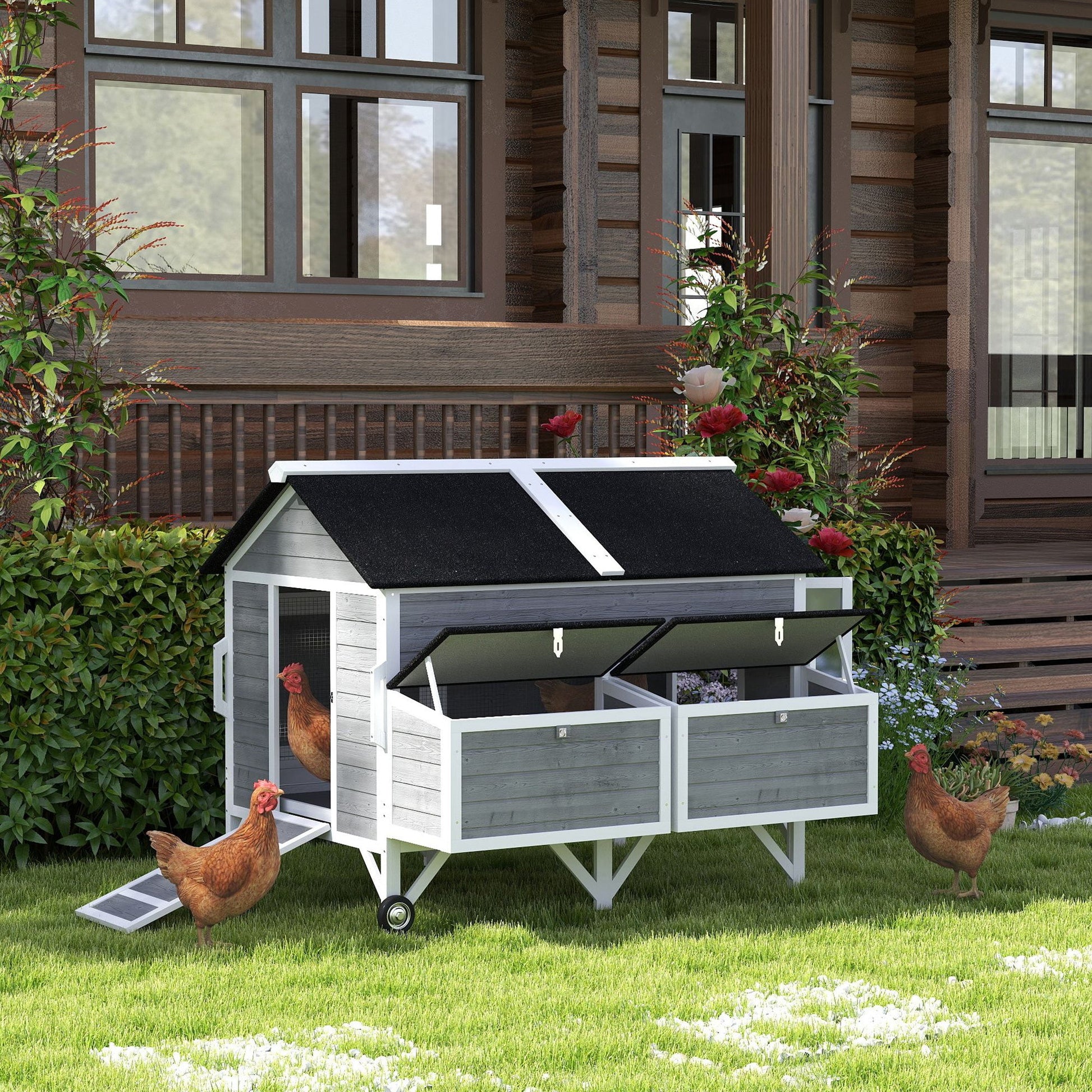 KFX-0741053 Gray 59" Wooden Chicken Coop with Wheels, Handles, 2 Nesting Boxes, 4 Perches for 5-8 Chickens