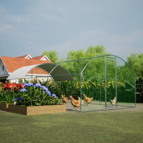 KFX-0746813 Large Metal Chicken Coop with Waterproof UV Cover, Walk-In Dome Shape Enclosed Chicken Run for Outdoor Use