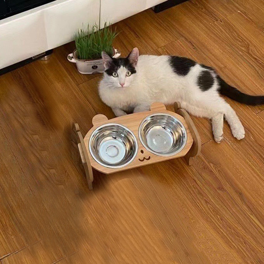 KFX-0754877 Wooden Cat and Small Dog Food Bowl - Ceramic and Stainless Steel Options Available