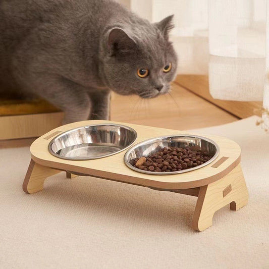 KFX-0754877 Wooden Cat and Small Dog Food Bowl - Ceramic and Stainless Steel Options Available