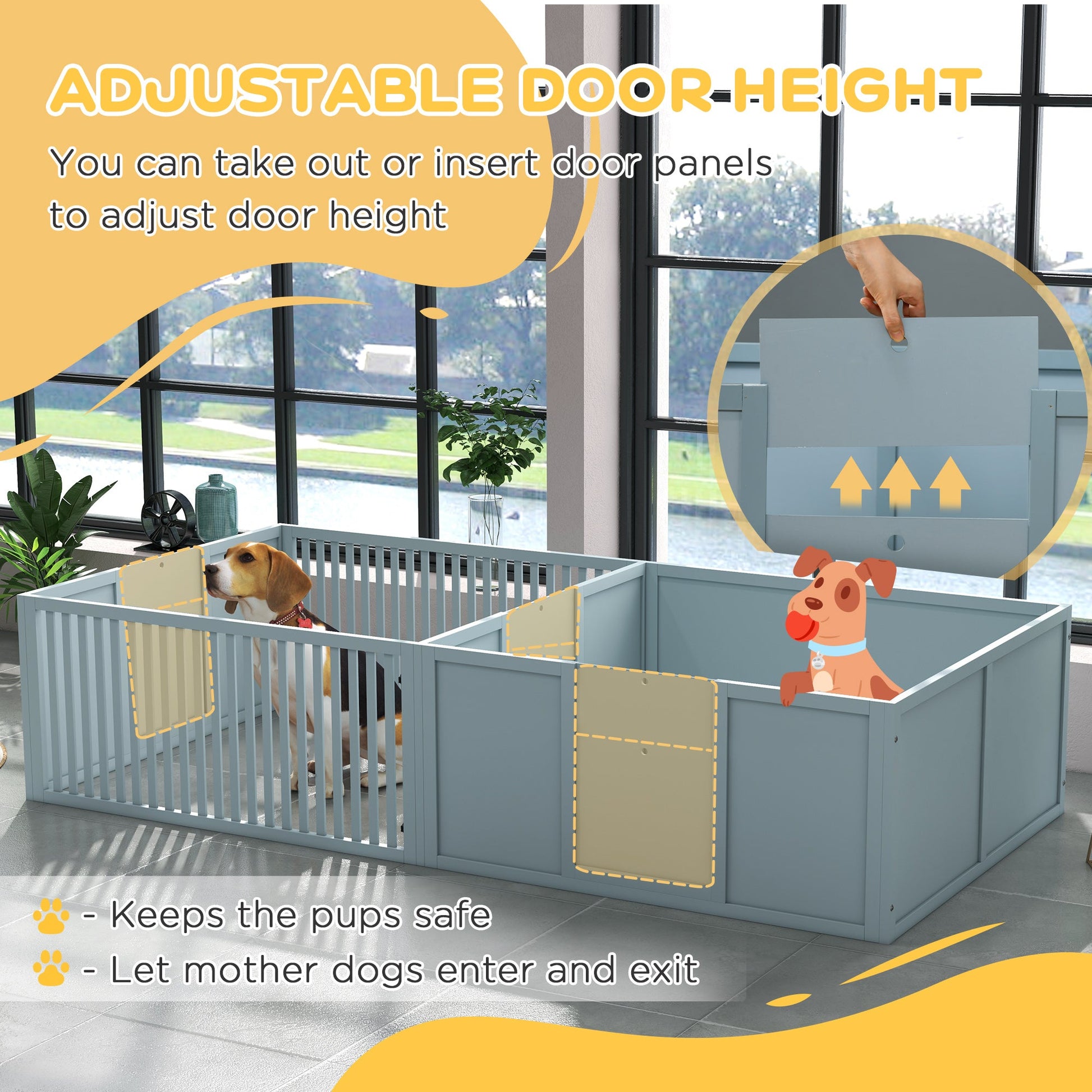 KFX-0760125 Comfortable Two-Room Whelping Box for Dogs with Removable Door and Puppy Playpen, 81" x 39" x 20", Gray