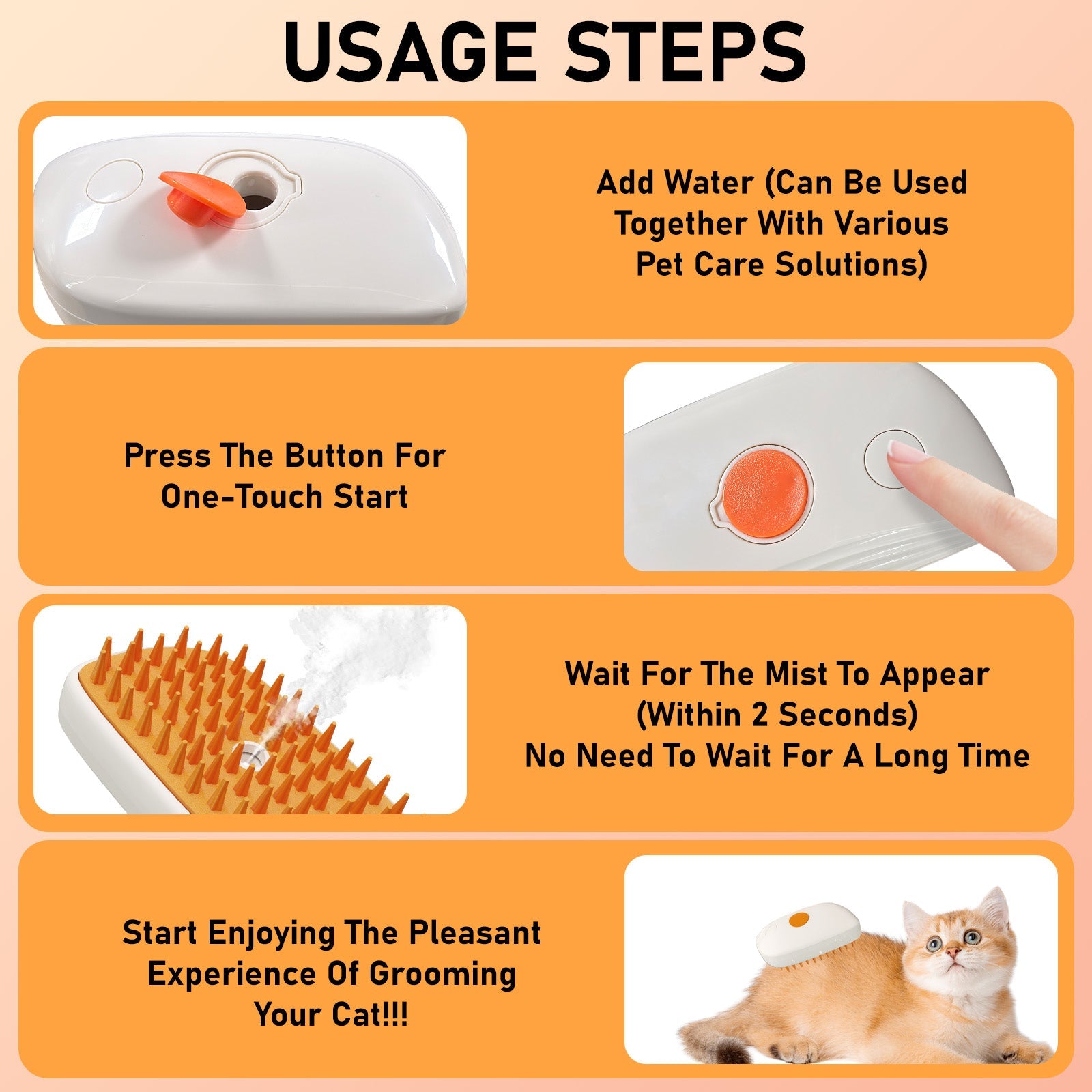 KFX-0760253 4-in-1 Cat and Dog Steam Brush with Mist Function, Anti-Static Shedding Comb, Water Spritz Grooming Tool for Indoor Use