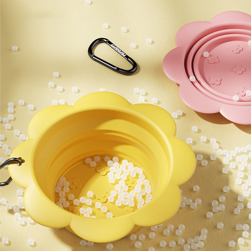 KFX-0760637 Portable Silicone Pet Folding Bowl - Outdoor Drinking Bowl in Pink and Yellow