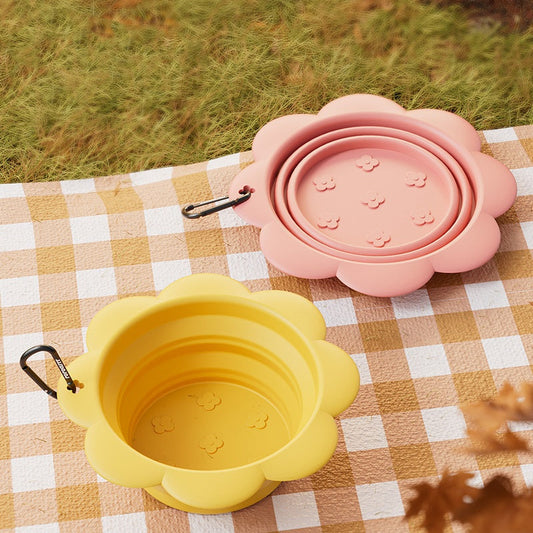 KFX-0760637 Portable Silicone Pet Folding Bowl - Outdoor Drinking Bowl in Pink and Yellow