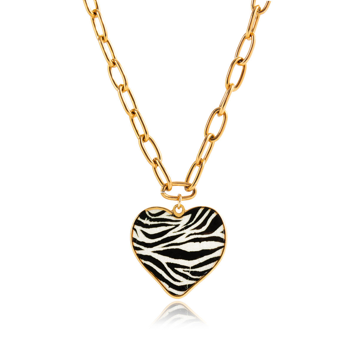 KFX-0778557 Leopard-Print Heart-Shaped Stainless Steel Necklace with Oil-Drip Finish