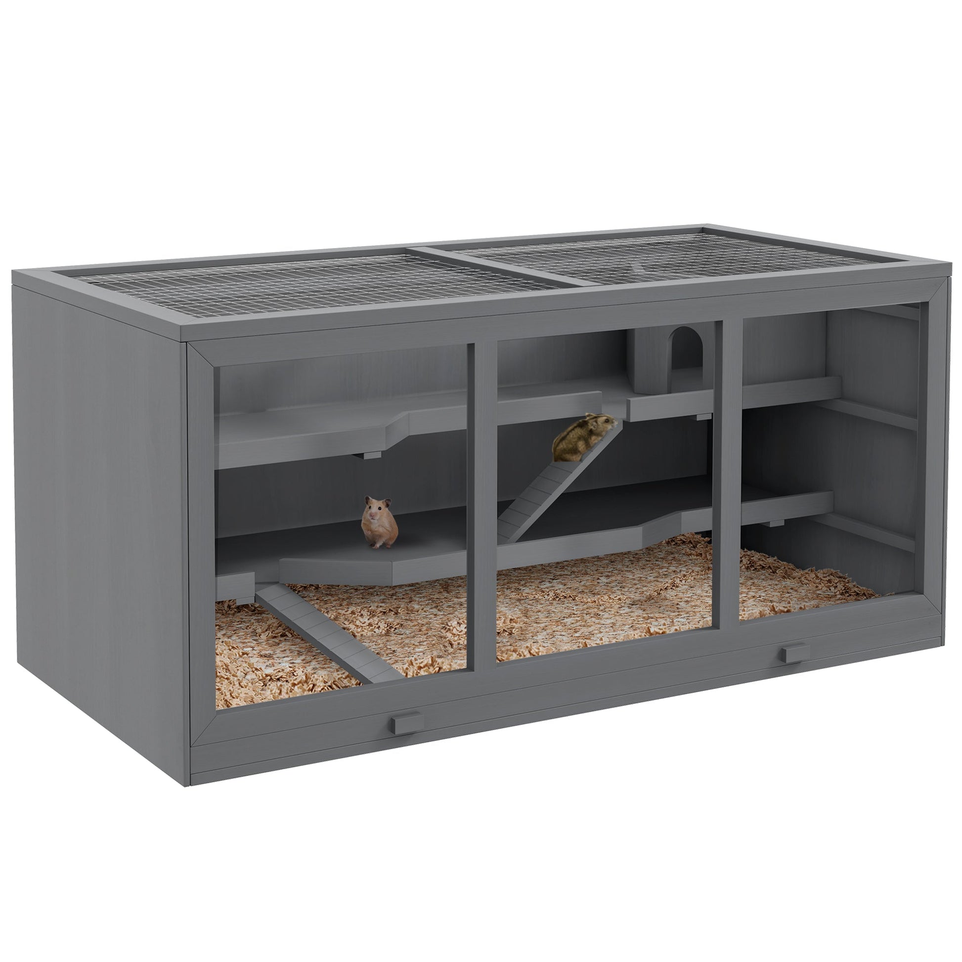KFX-0779581 Oversized Wooden Hamster and Gerbil Habitat with Open Roof and Ramp