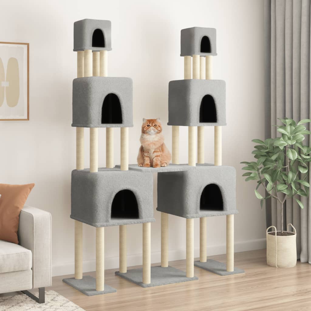 KFX-0784957 Light Gray Cat Tree with Sisal Scratching Posts - 199 cm High, Wooden Composite and Plush Material