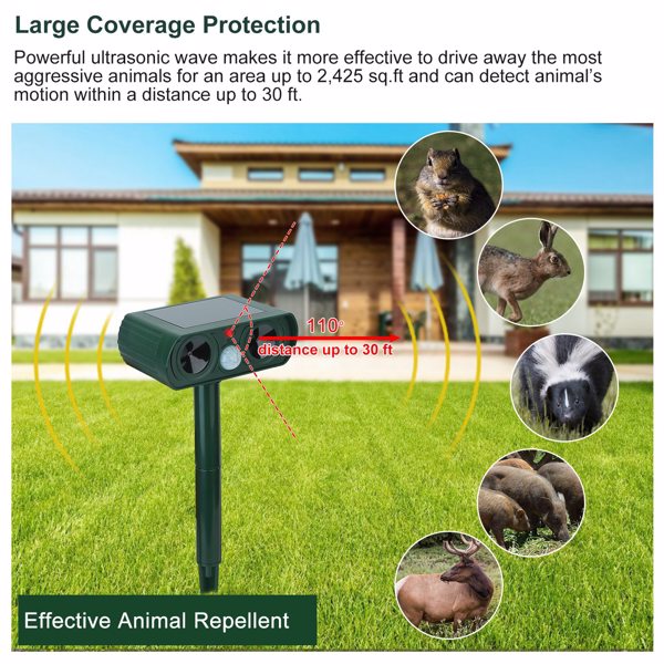 KFX-0786493 Solar-Powered Ultrasonic Animal Repellent with Motion Sensor, IPX4 Waterproof, Effective for Gardens and Farms