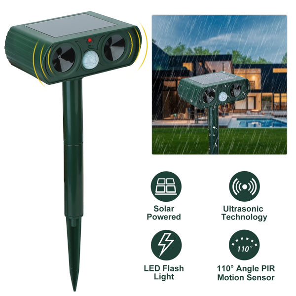 KFX-0786493 Solar-Powered Ultrasonic Animal Repellent with Motion Sensor, IPX4 Waterproof, Effective for Gardens and Farms