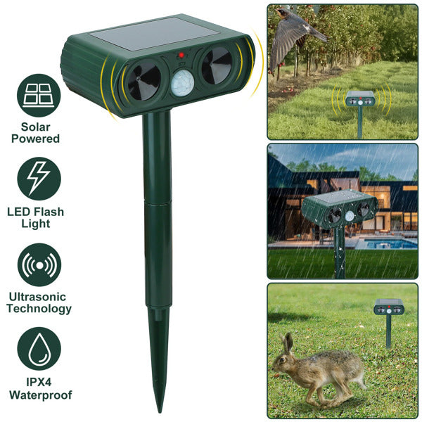 KFX-0786493 Solar-Powered Ultrasonic Animal Repellent with Motion Sensor, IPX4 Waterproof, Effective for Gardens and Farms