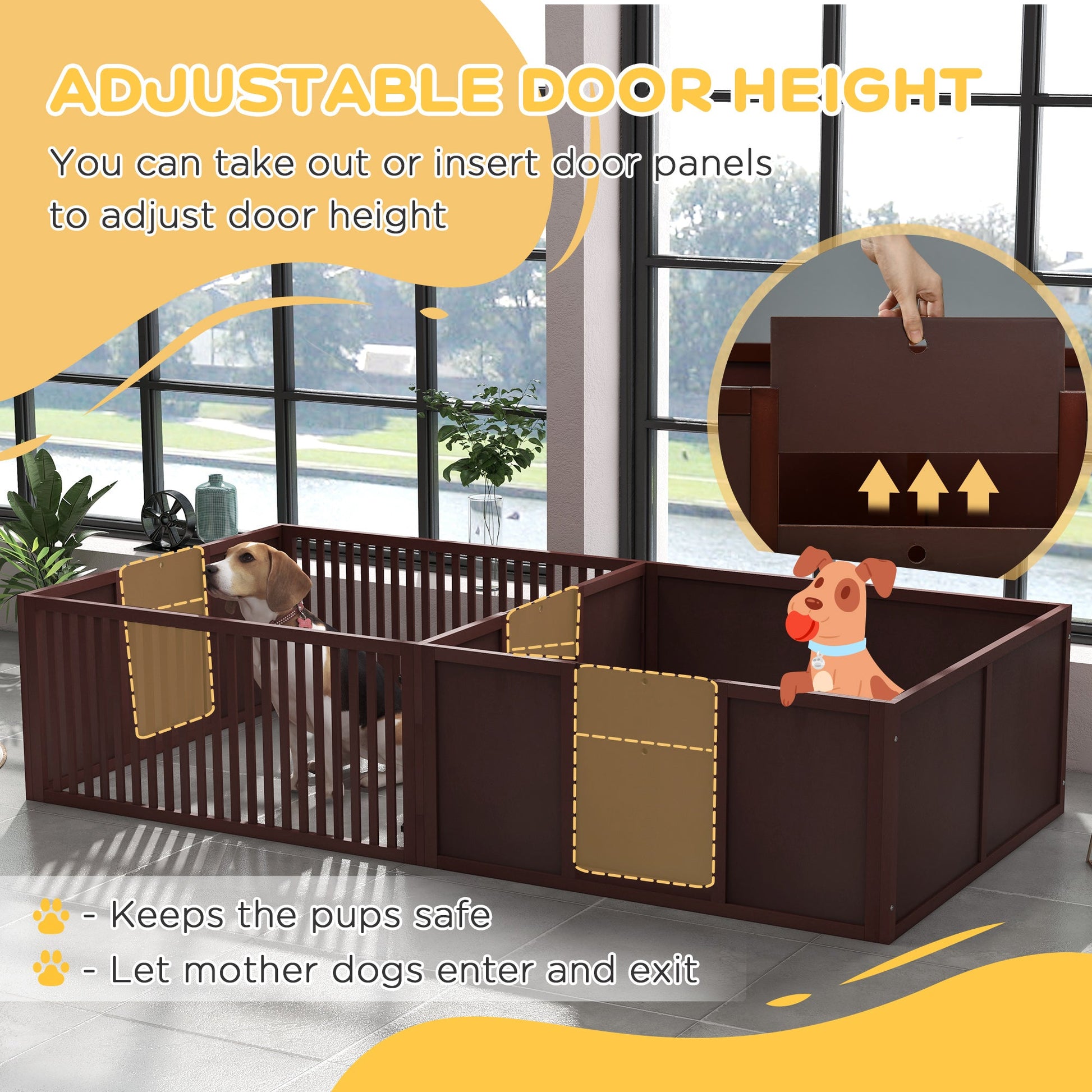 KFX-0792893 Comfortable Whelping Box for Dogs with Removable Doors, Indoor Puppy Playpen, 81" x 39" x 20", Coffee Brown