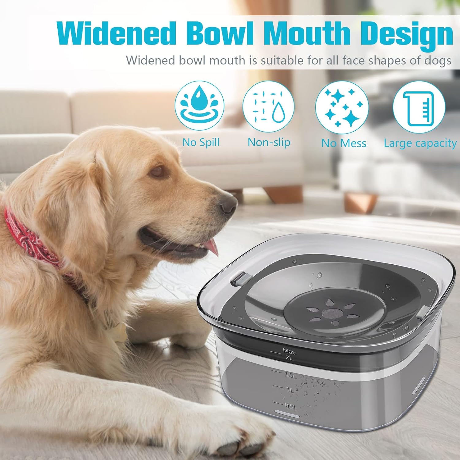 KFX-0794685 Large Capacity Spill Proof Dog Water Bowl with Slow Feeder Design and Anti-Spill Features - 2L, Multiple Colors Available