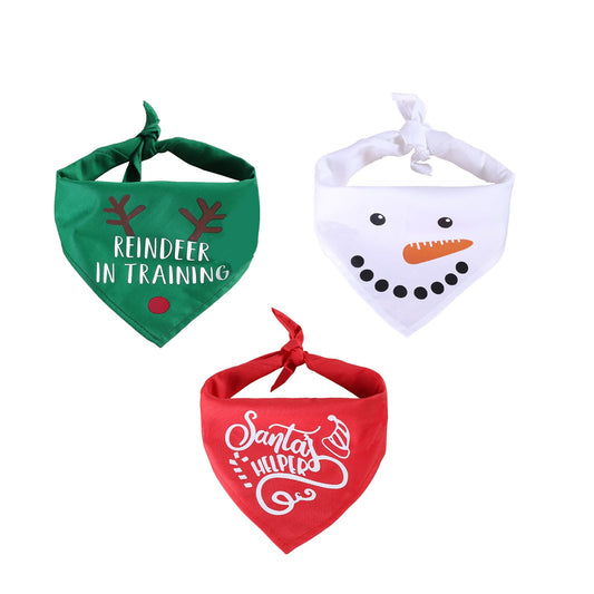 KFX-0794813 Festive Holiday Dog Headscarf - Green Elk, White Snowman, Red Letter, Polyester, Neck 25-48CM