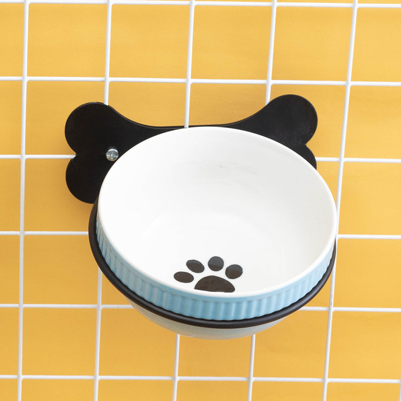 KFX-0797373 Slanted Ceramic Pet Bowl with Hanging Iron Frame - Anti-Overturning Design in Multiple Colors