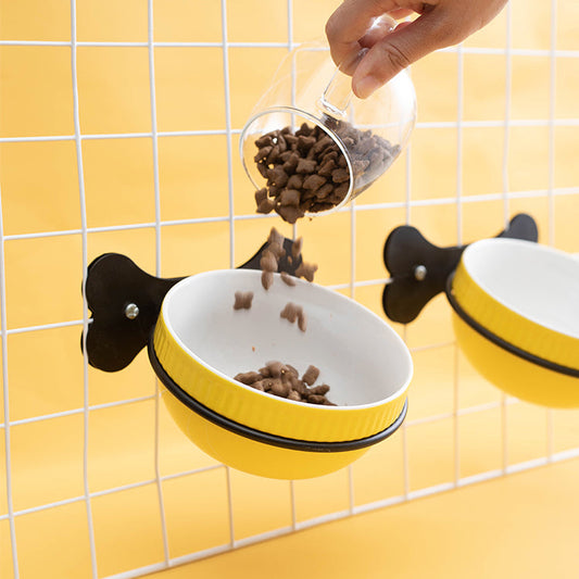 KFX-0797373 Slanted Ceramic Pet Bowl with Hanging Iron Frame - Anti-Overturning Design in Multiple Colors