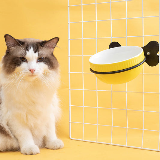 KFX-0797373 Slanted Ceramic Pet Bowl with Hanging Iron Frame - Anti-Overturning Design in Multiple Colors