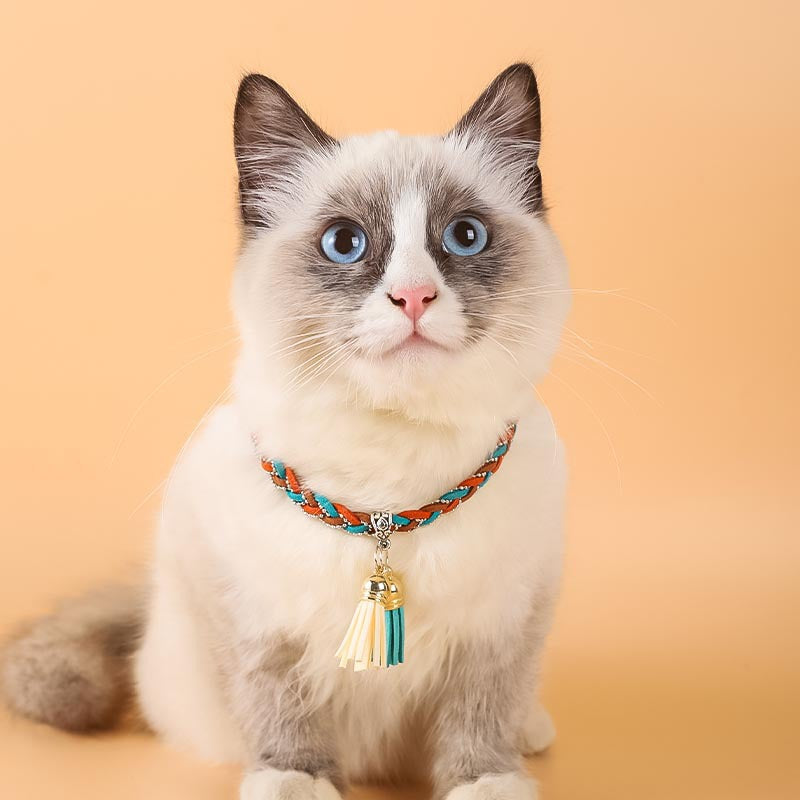 KFX-0799165 Colorblock Adjustable Cat Collar in Turquoise, Orange Green, and Pale Pink - Korean Velvet/Silk Material