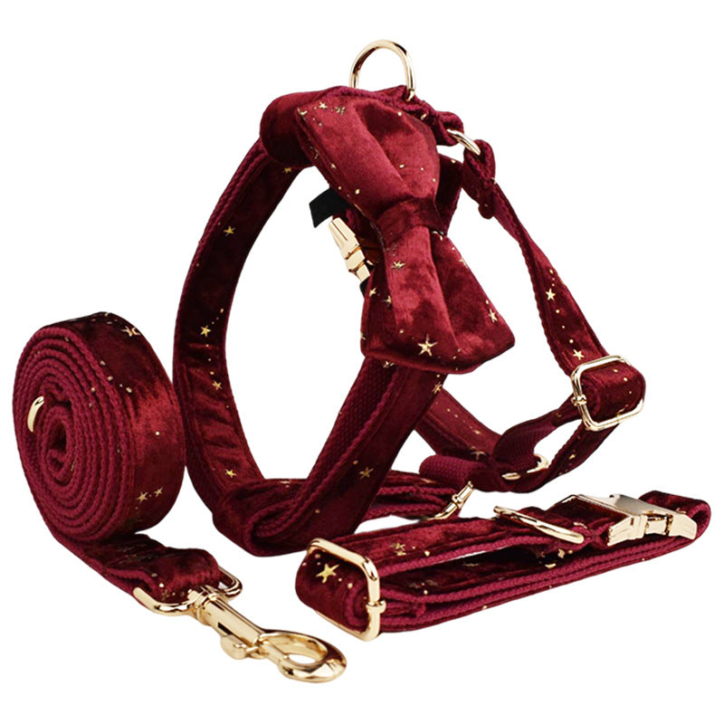 KFX-0802237 Soft Velvet Fabric Pet Collar Set with Leash, Bow, Flower, Vest, and Poop Bag