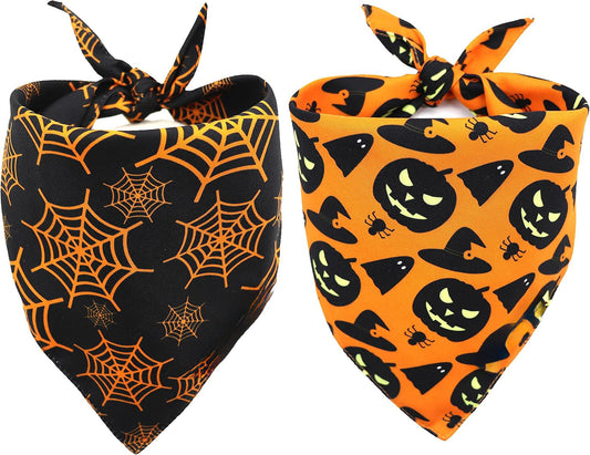 KFX-0806205 Reversible Halloween Dog Bandana with Pumpkin and Spider Web Design, Adjustable Fit for Neck Sizes up to 16 inches