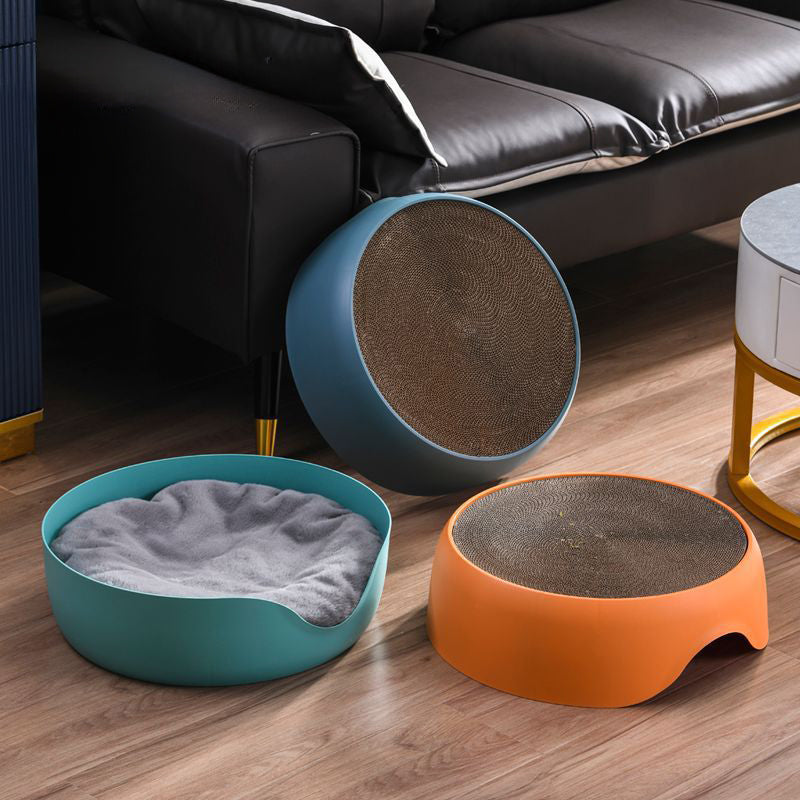 KFX-0806973 Dual-Function Cat Nest and Scratching Bowl with Thick Plush Mat for Year-Round Use