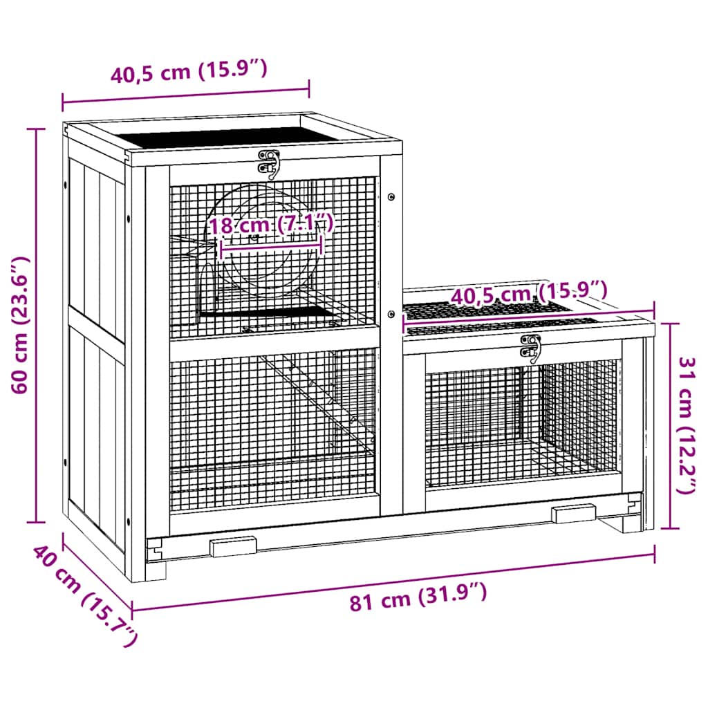 KFX-0810301 Two-Story Hamster Cage 81x40x60 cm with Solid Fir Wood, Exercise Wheel, and Easy Access Wire Mesh
